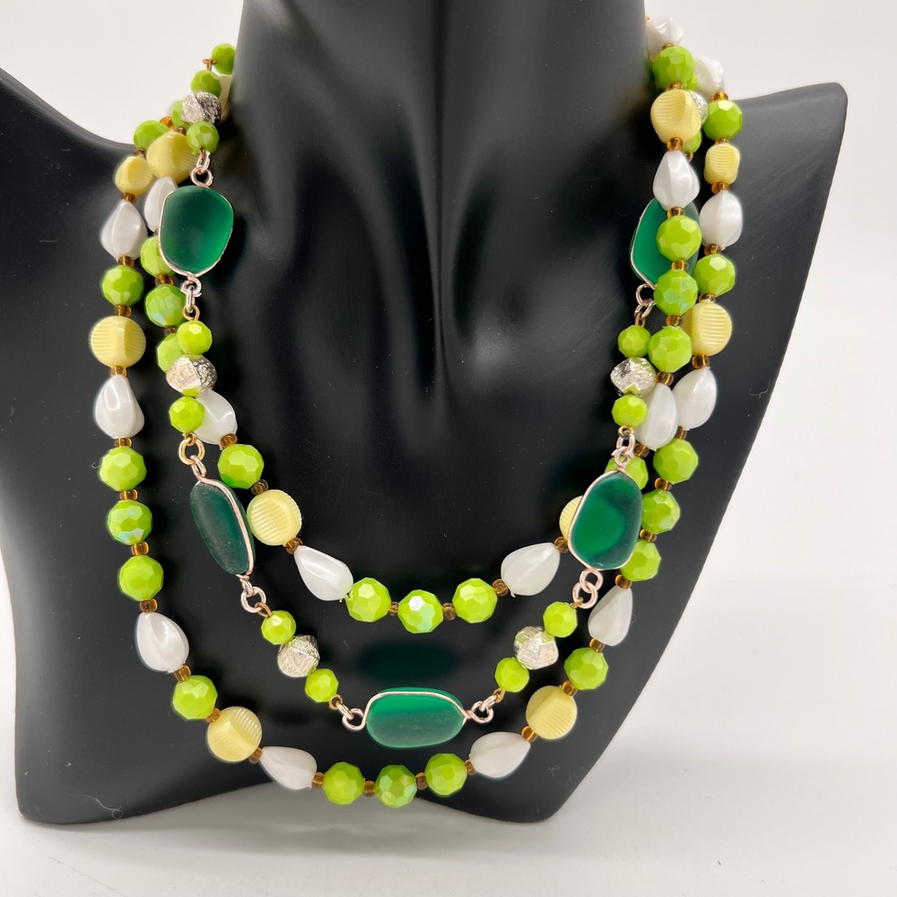 Vintage West Germany Lime Green Beaded & Lucite Necklace – 3 Strand‎ 17"